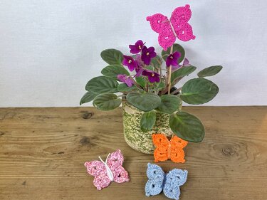 Gehäkelte Schmetterlinge in Pink, Rosa, Orange und Hellblau dekorieren eine Topfpflanze und liegen auf einem Holztisch.