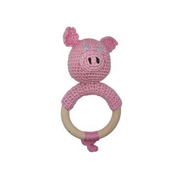 Rosa gehäkelter Greifring Schweinchen mit Holzring