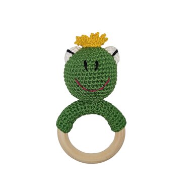Gehäkelter grüner Frosch-Beißring mit Holzring und gelber Krone