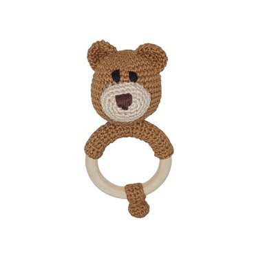 Gehäkelter Bärenkopf auf rundem Holzring als Baby-Greifling, braunes Garn
