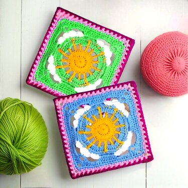 Crochet Cloud & Sun Granny Square Pattern - Spring Summer Style Home Decor