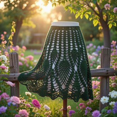 Dark green crochet kids' skirt with openwork lace pattern and scalloped hem on a display stand in a sunlit flower garden.