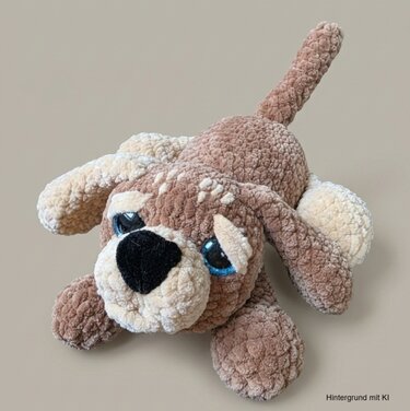 Gehäkelter Amigurumi-Hund in Braun und Beige mit blauen Augen und schwarzer Nase, liegend.