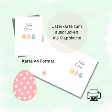 A4-Osterklappkarte mit drei pastellfarbenen Ostereiern und dem Schriftzug ‚Frohe Ostern‘; Vorder- und Innenseite als Drucklayout, Drucker-Symbol