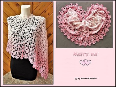 Romantisches gehäkeltes Spitzentuch in Weiß und Rosa, einmal getragen auf einer Büste und rechts herzförmig zusammengelegt