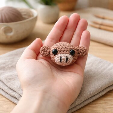 Gehäkelter Schweinekopf in hellbraun mit schwarzen Augen und rosa Schnauze in einer Hand