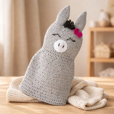 Gehäkeltes graues Esel-Schmusetuch mit Ohren, weißer Schnauze und pinker Schleife