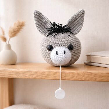 Gehäkeltes graues Eselkopf-Spielzeug mit weißer Schnauze und Zugkordel auf Holzregal