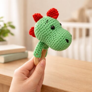 Hand holding a green crocheted dinosaur rattle with red spikes on a wooden ring in front of a crib