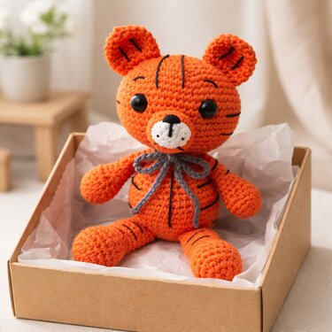 Orange crocheted tiger amigurumi with black stripes and grey bow seated in a box
