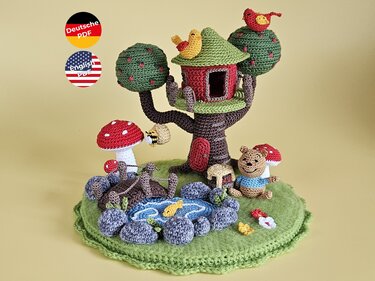 Bär Oliver und sein Baumhaus – Häkelanleitung Waldszene mit Teelicht