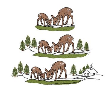 Stickmotive mit Reh und Rehkitz in verschneitem Tannenwald und einer kleinen Hütte.