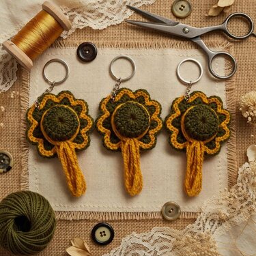 Three olive and mustard crochet sunflower keychains with metal rings on beige fabric surrounded by sewing supplies.