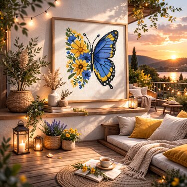 Framed cross stitch of a blue butterfly with a flower-filled wing