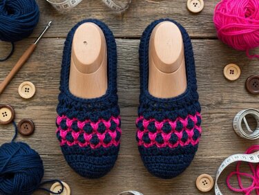 Top view of men's navy crochet slippers with pink band, surrounded by yarn balls, crochet hook, measuring tape and wooden buttons
