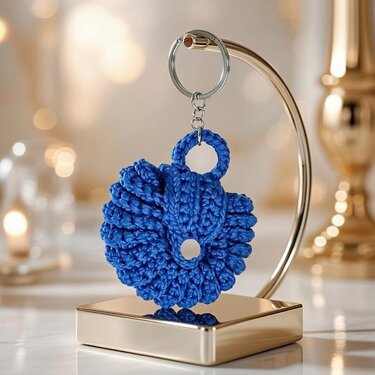 Blue crocheted ruffled keychain with top loop, white central detail, and silver split ring on a small display stand