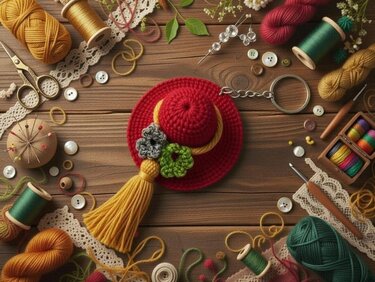 Roter gehäkelter Minihut mit gelber Quaste und Blumen als Schlüsselanhänger auf Holztisch, umgeben von Garn, Spulen, Knöpfen und Werkzeugen