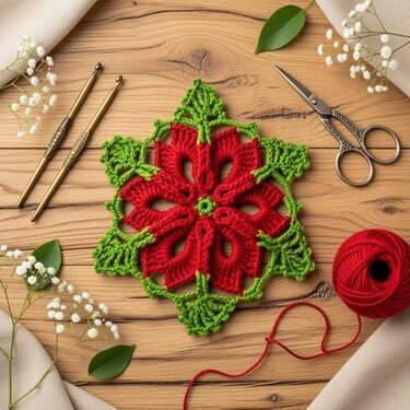 Red and green crocheted poinsettia doily on wooden surface with crochet hooks, scissors and red yarn