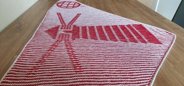 Flat-lay of a graphic red and white shawl showing striped sections and bold motif panels