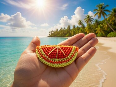 Close-up of a small orange crocheted citrus slice held in a hand with a beach background
