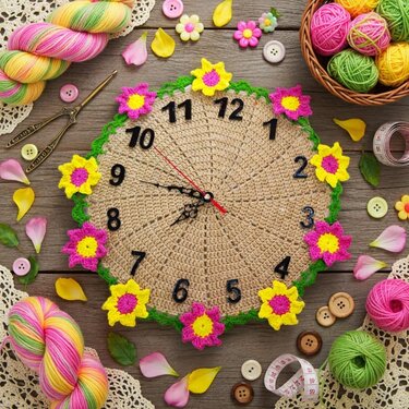 Nahaufnahme einer runden Häkeluhr mit beigefarbenem Zifferblatt, aufgesetzten Zahlen, pink-gelben Blüten und umgebenen Häkelmaterialien