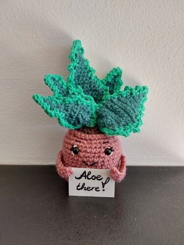 Whimsical crocheted succulent with scalloped green leaves and a pink pot holding a handwritten sign