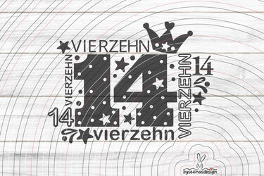 Plottdatei mit großer Zahl 14, Schriftzug VIERZEHN, Sternen und kleiner Krone auf hellem Hintergrund