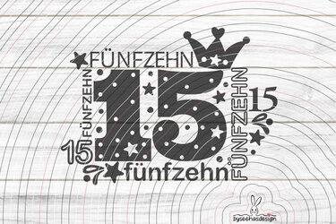 Schwarze Plottgrafik mit großer Zahl 15, Krone, Sternen und Punkten