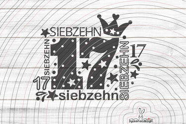 Schwarzes einfarbiges Plottdesign mit großer Zahl 17, Punkten, Sternen und Krone auf hellem Holz-Hintergrund