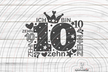 Schwarzes Plottermotiv mit großer Zahl 10, Krone, Punkten, Sternen und Herzen auf hellem Hintergrund