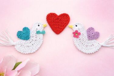 Zwei gehäkelte weiße Vögel gegenüber einem roten gehäkelten Herz auf rosafarbenem Hintergrund; ein Vogel mit türkisfarbenem Herzflügel und Schleife, der andere mit lila Herzflügel und rosa Blüte.