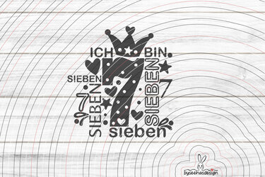 Plotmotiv Zahl 7 mit Krone, Herzen und Schriftzug ‚Ich bin sieben‘