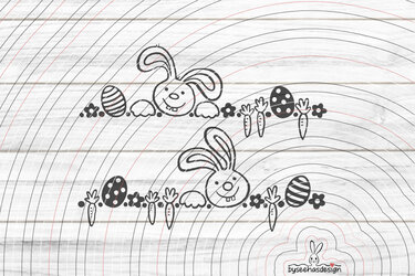 Zwei Reihen schwarz-weiße Oster-Plottermotive mit Hasen, Eiern, Karotten und Blumen