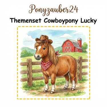 Braunes Cartoon-Pony mit Cowboyhut und rotem Halstuch vor Holzzaun und Scheune