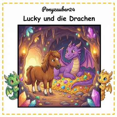 Papiervorlage: braunes Pony neben lila Drachen auf einem Haufen Gold und Kristallen in einer Höhle