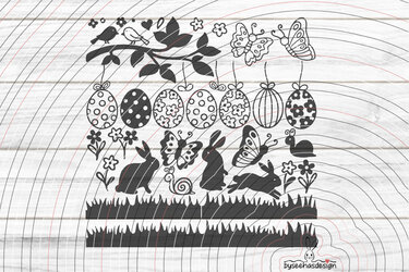 Schwarze Silhouetten von Hasen, Ostereiern, Schmetterlingen, Blumen, Schnecke, Vögeln, Zweig und Grasstreifen auf hellem Hintergrund