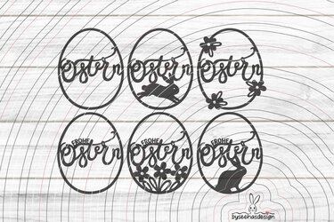 Sechs ovale Plottdateien mit den Schriftzügen 'Ostern' und 'Frohe Ostern' sowie Hasen- und Blumenmotiven, schwarze Silhouetten auf hellem Hintergrund.