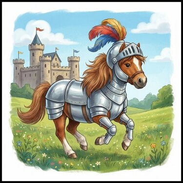 Abbildung eines Ponys in Ritterrüstung mit Helm und bunten Federn vor einem Schloss auf einer Blumenwiese