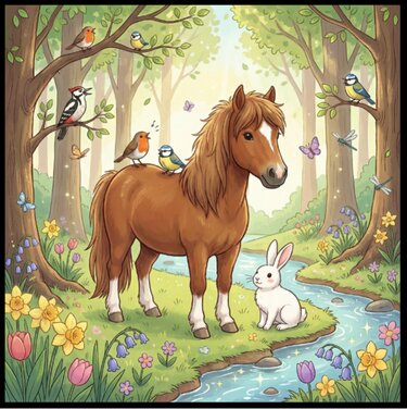 Braunes Pony und weißer Hase am Bach im blühenden Wald mit Vögeln und Schmetterlingen.