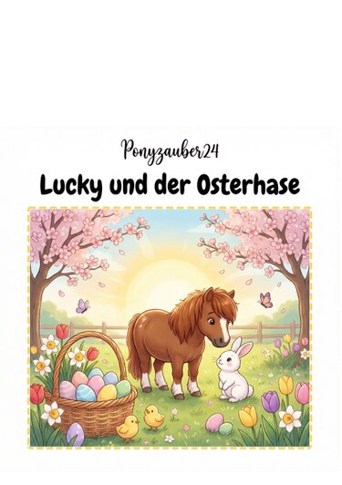 Braunes Pony und weißer Osterhase auf einer Wiese mit Korb voller bunter Ostereier, zwei Küken, Tulpen und blühenden Bäumen vor aufgehender Sonne.
