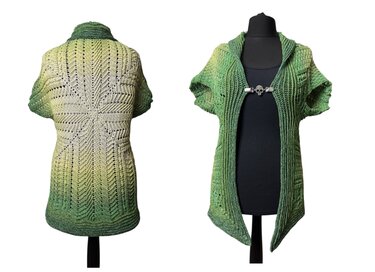 Women's green ombre crochet shrug shown front and back with zigzag textured stitch.