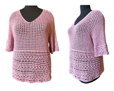 Sommerpulli Raglan v. oben mit V-Ausschnitt + "Röschen" Muster, alle Größen