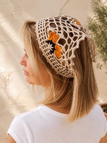 Boho Bandana with Floral Motif, Freeform Mesh and Filet Crochet Design (H8)