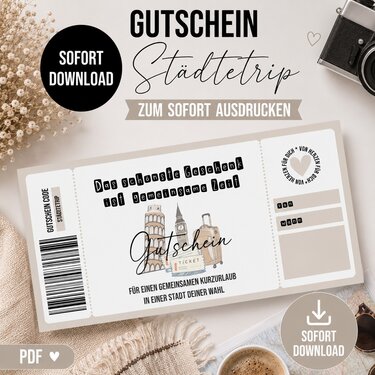 Gutschein zum Ausdrucken STÄDTETRIP digitale Datei Gutschein DOWNLOAD