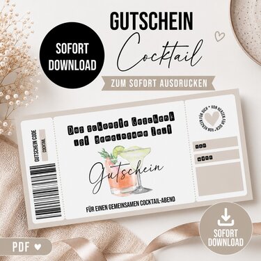 Gutschein zum Ausdrucken COCKTAIL Abend digitale Datei Gutschein DOWNLOAD
