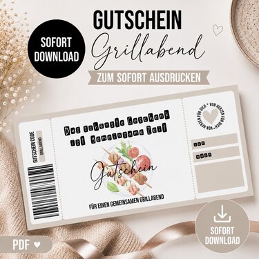Gutschein zum Ausdrucken GRILLABEND digitale Datei Gutschein DOWNLOAD