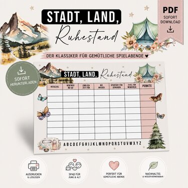 STADT, LAND, RUHESTAND Vorlage Stadt, Land, Fluss Spiel Ruhestand Geschenk - Bild 2