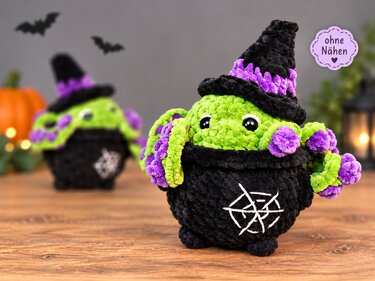 Häkelanleitung Kesselmonster – Halloween Amigurumi ohne Nähen