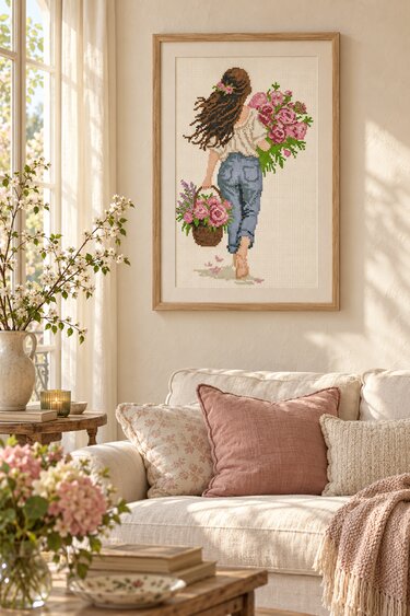 Girl with Pink Roses – Romantic Cross Stitch Pattern PDF, Floral Embroidery - Image 5