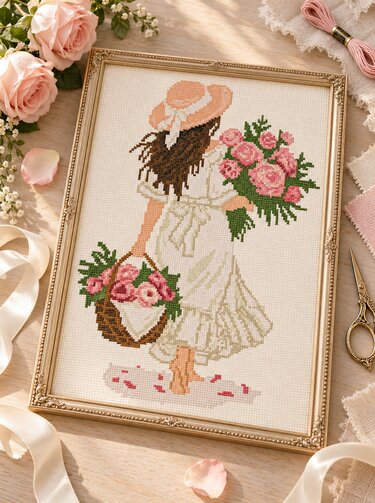 Girl with Pink Roses Cross Stitch Pattern PDF – Romantic Woman with Flowers - Image 5